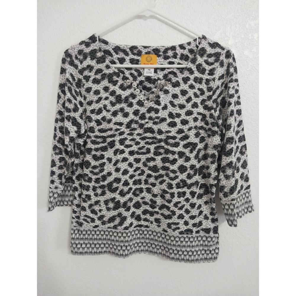 Ruby Red Petite Womens Size PM Black White 3/4 Sleeve Blouse Beaded Accent